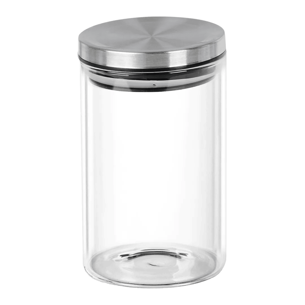 PORTA MANTIMENTO REDONDO EM VIDRO BOROSSILICATO COM TAMPA EM METAL PRATA 150ML