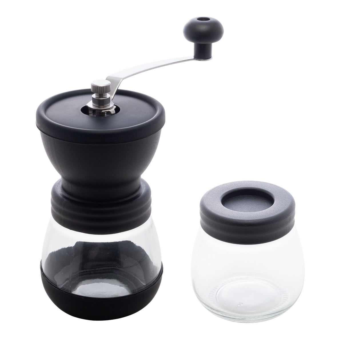 MOEDOR DE CAFÉ MANUAL EM AÇO INOX COM POTE DE VIDRO