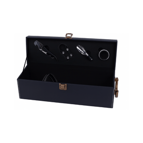 CAIXA PARA GARRAFA DE VINHO EM COURO COM 4 ACESSORIOS – 11CM X 36CM X 12CM