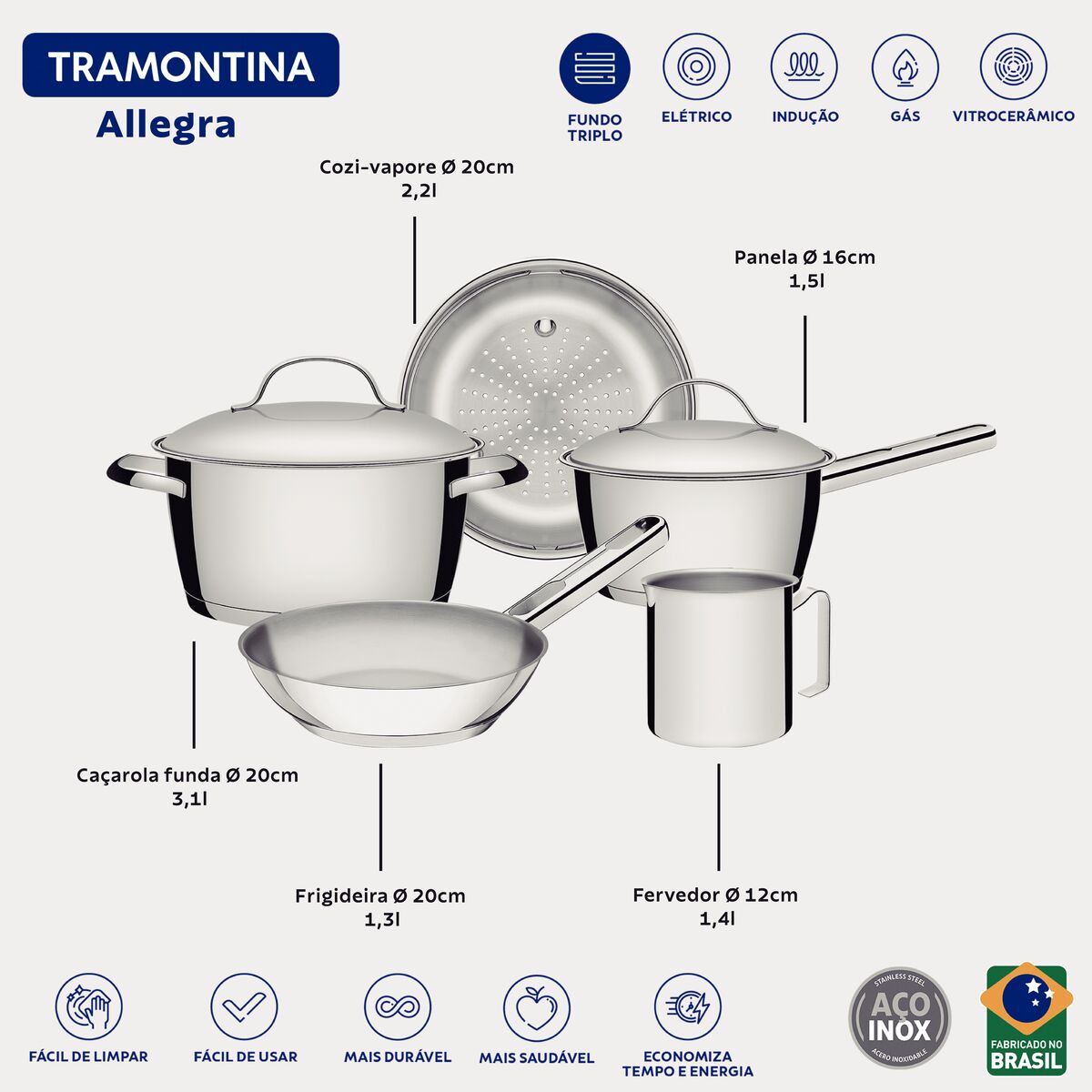 JOGO DE PANELAS AÇO INOX COM 5 PCS ALLEGRA