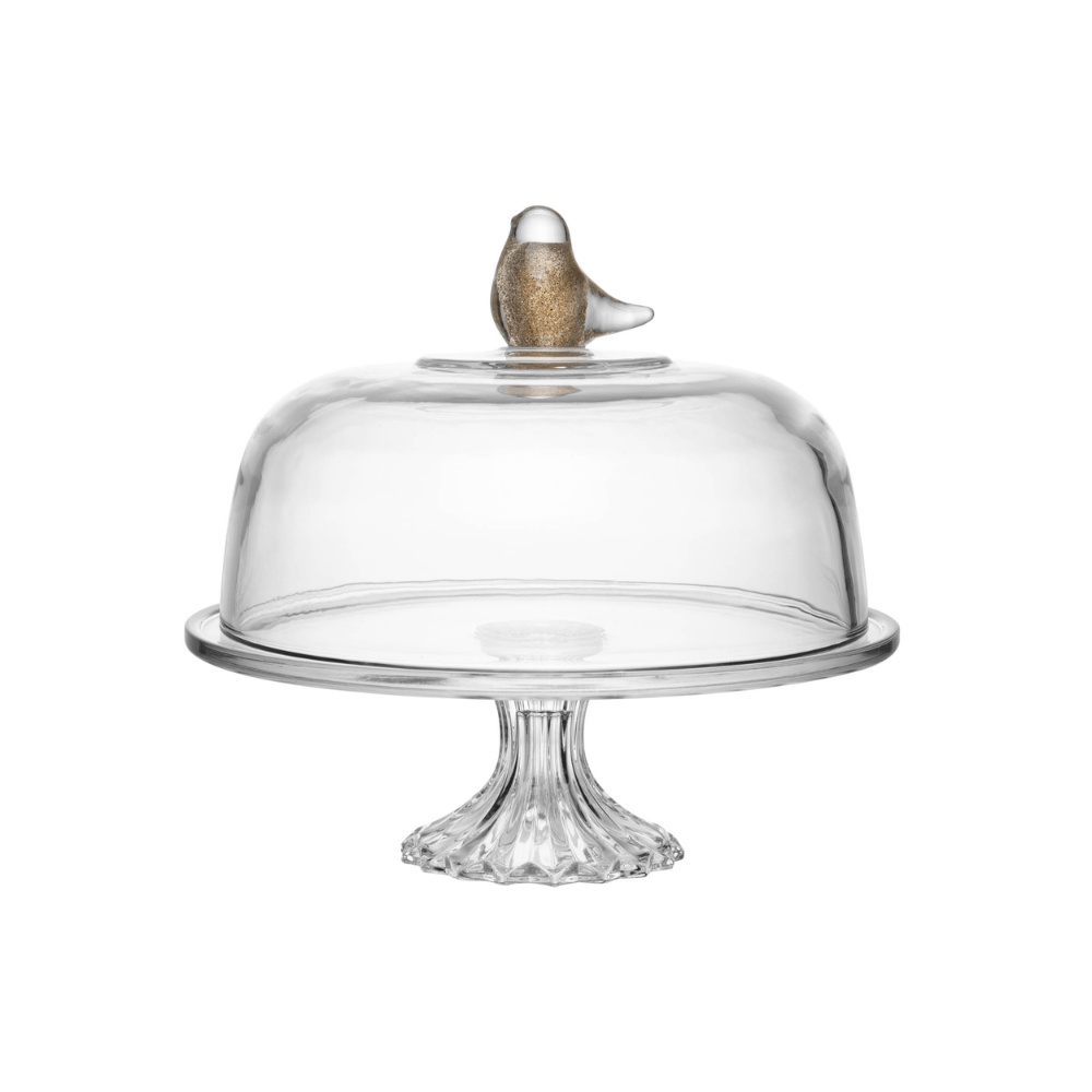 PRATO PARA BOLO DE CRISTAL COM PE E TAMPA BIRD – 30CM X 29CM