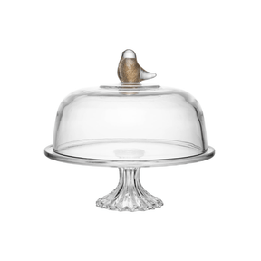 PRATO PARA BOLO DE CRISTAL COM PE E TAMPA BIRD – 30CM X 29CM