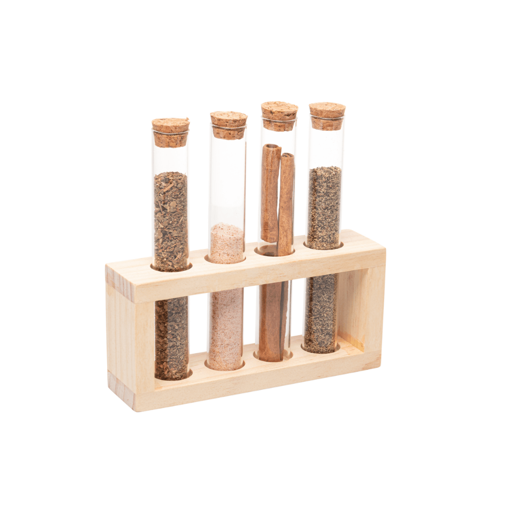 CONJUNTO PORTA TEMPEROS 5 PECAS VIDRO BOROSSILICATO COM SUPORTE DE MADEIRA – 130ML