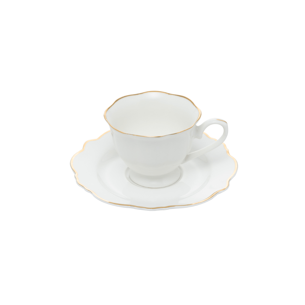 CONJUNTO 6 XICARAS CAFE PORCELANA COM PIRES MALDIVAS BRANCO COM FIO DE OURO – 80ML