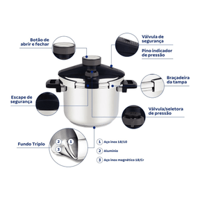 PANELA DE PRESSAO COM FUNDO TRIPLO - ACO INOX - PRESTO - 6L