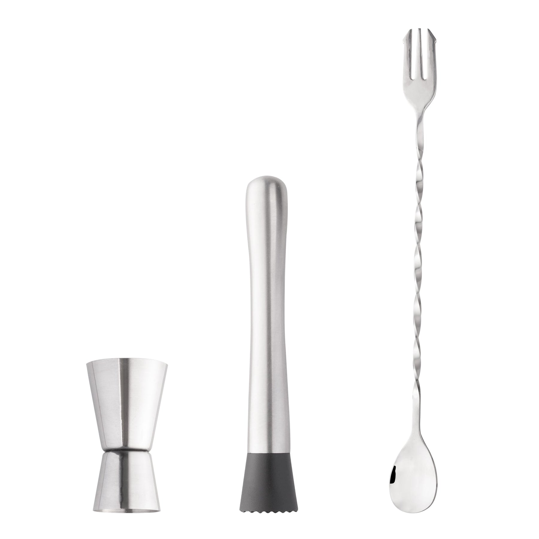 KIT CAIPIRINHA COM COLHER BAILARINA, DOSADOR DUPLO E MACERADOR EM INOX